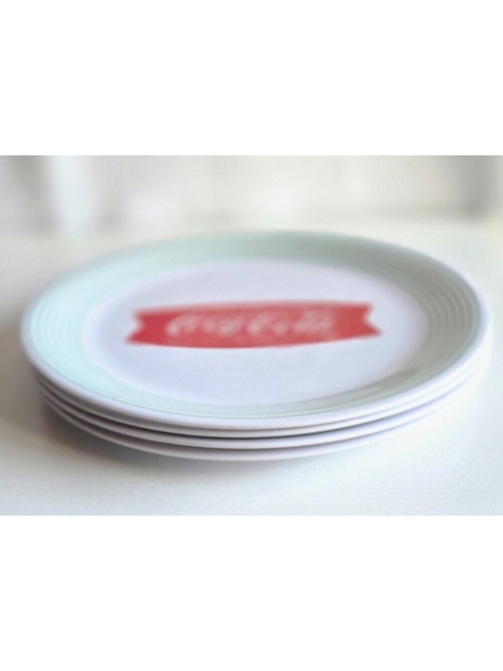 COCO COLA~ 9 in Round Melamine Dessert Plates Set of 4 ~ 7 Green Stripes on Rim - Picture 3 of 6